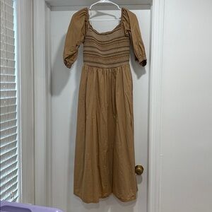 Tan Smocked Midi Dress